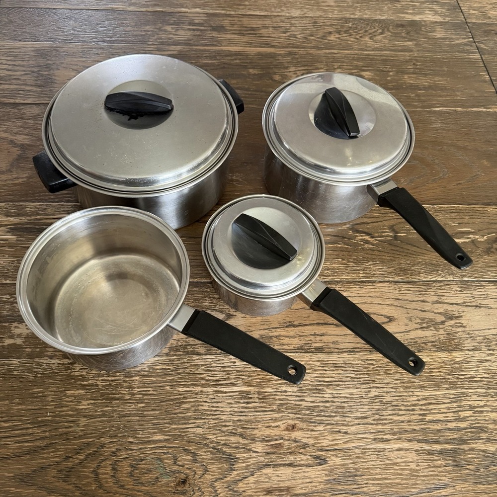 VTG Flint Ware Ekco 7 Pc‎ Stainless Steel 50s 60s Pots Pans Cookware Set USA